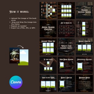 May include: A Canva template for book lovers featuring a variety of social media post designs. The templates include a book cover placeholder, text boxes, and decorative elements. The designs are in a dark brown and gold colour scheme with a vintage aesthetic.