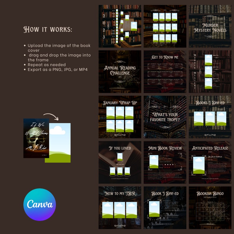 May include: A Canva template for book lovers featuring a variety of social media post designs. The templates include a book cover placeholder, text boxes, and decorative elements. The designs are in a dark brown and gold colour scheme with a vintage aesthetic.