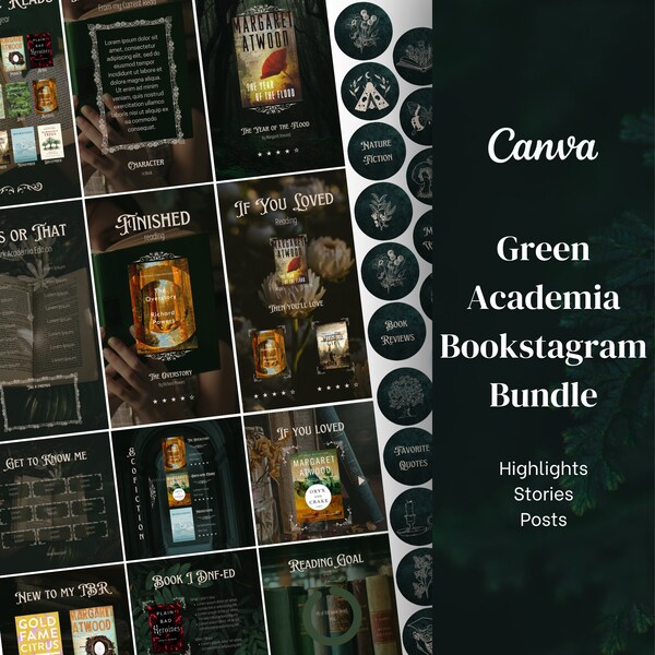 Bookstagram Bundle- Dark Green Academia | Canva Template for Bookish Instagram Highlight Covers, Stories, Posts