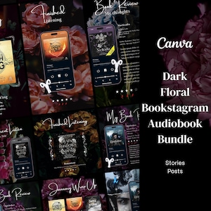 Plantilla de paquete de audiolibros de Bookstagram Canva: plantilla Dark Florals / Bookish Instagram, reseñas de audiolibros, tablero de estado de ánimo de libros y más