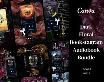 Può includere: Un collage di nove immagini con sfondi floreali scuri e schermate di un'app di audiolibri. Il testo "Canva Dark Floral Bookstagram Audiobook Bundle Stories Posts" è visualizzato in bianco su sfondo nero.