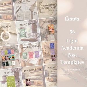 Può includere: Un collage di 56 modelli di post di Bookstagram in stile light academia. I modelli presentano vari temi legati ai libri, come obiettivi di lettura, recensioni di libri e tropi preferiti. I modelli sono progettati in uno stile leggero e arioso con un'estetica vintage.