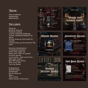 May include: A collage of images related to book reviews and reading lists. The images feature book covers, a skull, and a bookshelf. The text includes "What's Your Favourite Trope?", "Finished Reading", "Anticipated Release", "The Atlas Complex", "Murder Mystery Novels", and "Mini Book Review".
