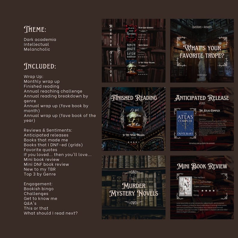 May include: A collage of images related to book reviews and reading lists. The images feature book covers, a skull, and a bookshelf. The text includes "What's Your Favourite Trope?", "Finished Reading", "Anticipated Release", "The Atlas Complex", "Murder Mystery Novels", and "Mini Book Review".