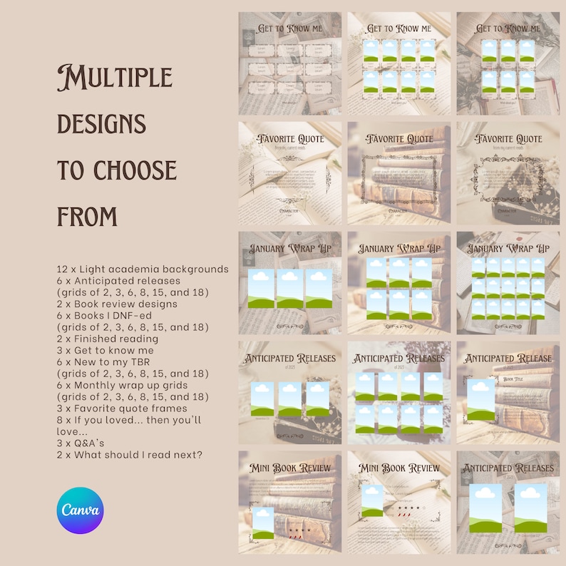 Social Media Template, Bookish Posts Template, Pinned Posts, Canva template, Light Academia, Meet the reader, Engagement posts, Book review, this or that, book bingo, book of the month, Bookstagram Template, Instagram Stories, Highlight Covers