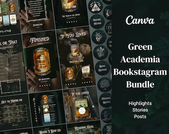 Bookstagram Bundle- Dark Green Academia | Canva Template for Bookish Instagram Highlight Covers, Stories, Posts