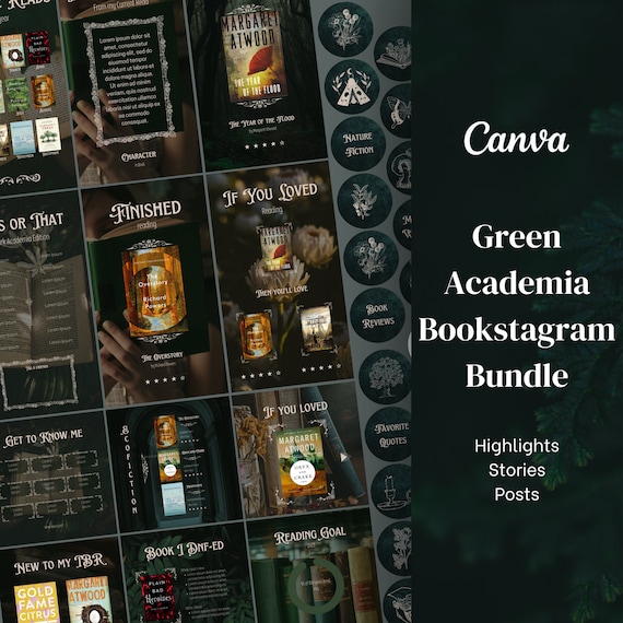 Bookstagram Bundle- Dark Green Academia | Canva Template for Bookish Instagram Highlight Covers, Stories, Posts