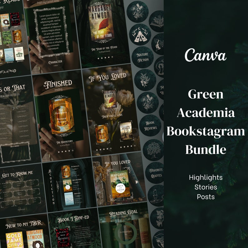 Social Media Template, Bookish Posts Template, Pinned Posts, Canva template, Green Academia, Meet the reader, Engagement posts, Book review, this or that, book bingo, book of the month, Bookstagram Template, Instagram Stories, Highlight Covers
