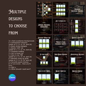 May include: A collage of 18 different social media post designs for book lovers. The designs feature a dark academia theme with book stacks, reading challenges, and book reviews. The text on the designs includes "Annual Reading Challenge", "Get to Know Me", "What's Your Favourite Trope?", "Books I DNF-ed", "If You Loved", "Mini Book Review", "Anticipated Release", "New to My TBR", "Book I DNF-ed", and "Bookish Bingo".