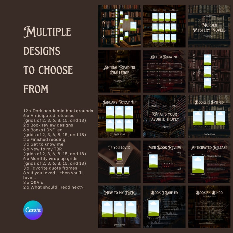 May include: A collage of 18 different social media post designs for book lovers. The designs feature a dark academia theme with book stacks, reading challenges, and book reviews. The text on the designs includes "Annual Reading Challenge", "Get to Know Me", "What's Your Favourite Trope?", "Books I DNF-ed", "If You Loved", "Mini Book Review", "Anticipated Release", "New to My TBR", "Book I DNF-ed", and "Bookish Bingo".
