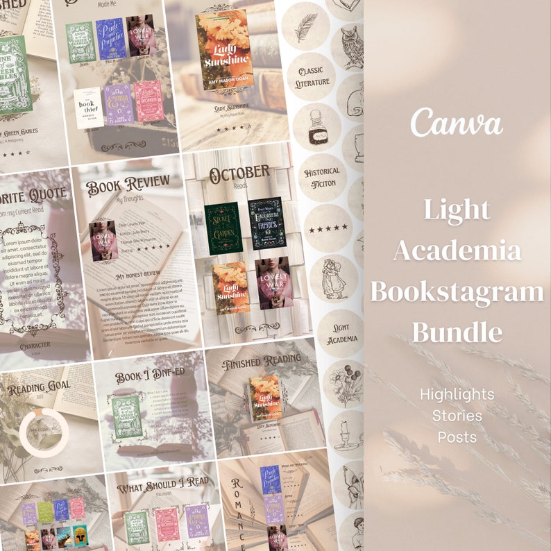 Social Media Template, Bookish Posts Template, Pinned Posts, Canva template, Light Academia, Meet the reader, Engagement posts, Book review, this or that, book bingo, book of the month, Bookstagram Template, Instagram Stories, Highlight Covers