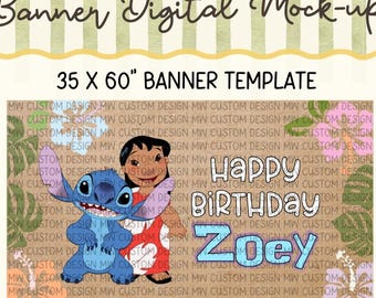 Lilo & Stitch-Inspired Painted Banner Template | Editable Canva Birthday Banner | Blue Alien Party Decor | Digital Download