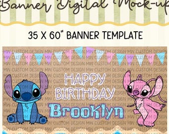 Stitch and Angel -Inspired Painted Banner Template | Editable Canva Birthday Banner | Blue Alien Party Decor | Digital Download