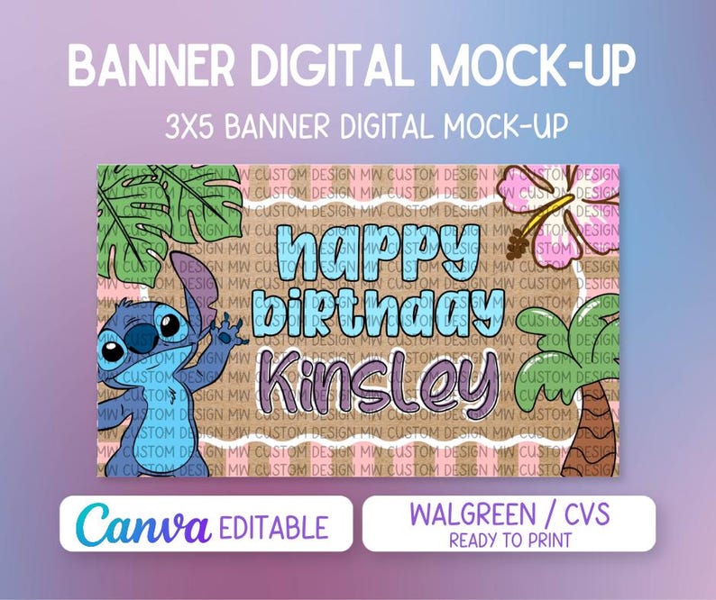 Pu&ograve; includere: Un mockup digitale di un banner 3x5 con il testo "Happy Birthday Kinsley" in blu e viola. Il banner include un personaggio dei cartoni animati, foglie tropicali e fiori. Il banner &egrave; modificabile su Canva e pronto per la stampa.