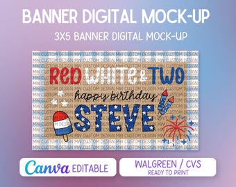 Mall för rödvit och två födelsedagsbakgrunder | Banner för patriotisk fest för 2-årsdag | Redigerbar mall i Canva | Skriv ut på Walgreens/CVS