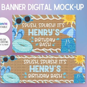 Op de afbeelding: Een digitale banner-mock-up met een bruine achtergrond, witte golvende lijnen en zomerse illustraties zoals een zonnebril, slippers, zwemband en zwembroek. De tekst luidt: SPLISH, SPLASH! IT'S HENRY'S BIRTHDAY BASH.