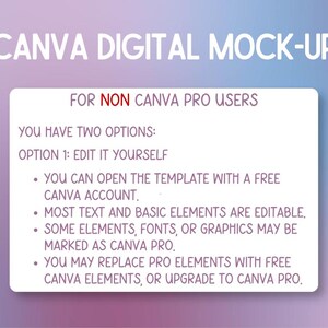 Pu&ograve; includere: Mock-up digitale con testo "CANVA DIGITAL MOCK-UP" e "FOR NON CANVA PRO USERS". Il testo spiega come modificare un modello con un account Canva gratuito e che alcuni elementi possono essere contrassegnati come Canva Pro.