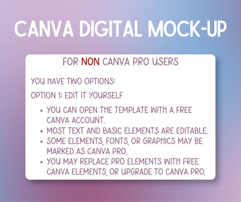 Pu&ograve; includere: Mock-up digitale con testo "CANVA DIGITAL MOCK-UP" e "FOR NON CANVA PRO USERS". Il testo spiega come modificare un modello con un account Canva gratuito e che alcuni elementi possono essere contrassegnati come Canva Pro.
