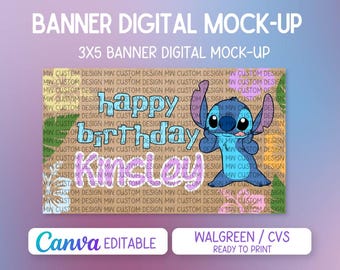 Stygninspirerad målad banderollmall | Redigerbar Canva-födelsedagsbanderoll | Blå Alien-festdekor | Tropisk blå dekor | Digital nedladdning