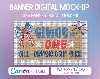 Mall för födelsedagsbakgrund för en helt amerikansk tjej | Patriotisk festbanderoll för första födelsedagen | Redigerbar mall i Canva | Skriv ut på Walgreens/CVS