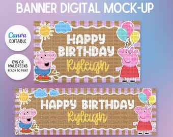 Pink Pig - Inspired Painted Banner Template | Pink Cartoon Banner Design | Canva Editable | Print at Walgreens/CVS | Digital Download