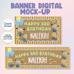 Puede incluir: Una maqueta de pancarta de cumpleaños digital con rayas verticales amarillas y marrones, bordes ondulados azules, plátanos amarillos, globos azules y personajes de dibujos animados amarillos. El texto dice HAPPY 3RD BIRTHDAY KALEIGH.