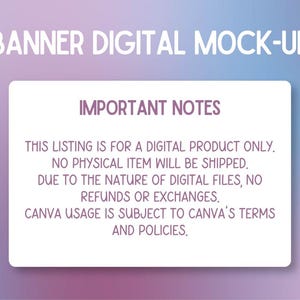 Pu&ograve; includere: Banner digitale di mockup con il testo "BANNER DIGITAL MOCK-UP". Il banner include un rettangolo bianco con le parole "IMPORTANT NOTES". Il testo indica che l'inserzione &egrave; solo per un prodotto digitale, senza spedizione di un articolo fisico.