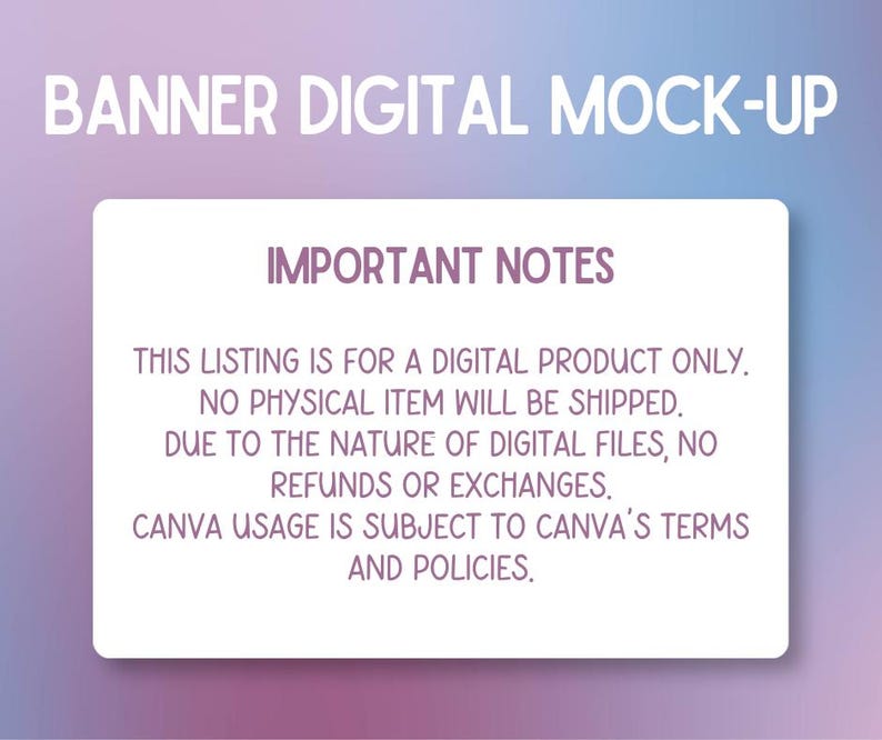 Pu&ograve; includere: Banner digitale di mockup con il testo "BANNER DIGITAL MOCK-UP". Il banner include un rettangolo bianco con le parole "IMPORTANT NOTES". Il testo indica che l'inserzione &egrave; solo per un prodotto digitale, senza spedizione di un articolo fisico.
