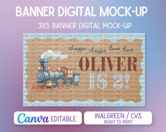Chugga Chugga Två Två Tåg Födelsedagsbanderoll | Handmålad banderollmall | Redigerbart namn och ålder i Canva | Skriv ut på Walgreens / CVS