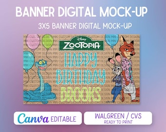 Zoo topia 2-inspirerad födelsedagsbakgrundsmall, redigerbar festbanderoll, redo att skrivas ut på CVS/Walgreens, utskrivbart Zoo topia-tema