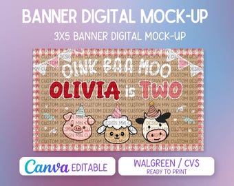 Mall för rosa bondgårdsfödelsedagsbanderoll | Oink Baa Moo-skylt | Handmålad banderollmall | Redigerbart namn och ålder i Canva | Skriv ut på Walgreens / CVS