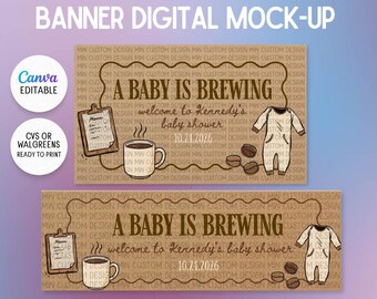 Coffee Brewing Themed Banner Template | A Baby Is Brewing Baby Shower Design | Canva Editable Template | Ready to print at CVS/Walgreens