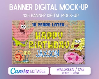 Svampbob - Inspirerad (# år senare) Målad bannermall | Redigerbar Canva-födelsedagsbanner | Digital nedladdning | Skriv ut på Walgreens/CVS