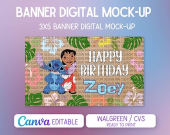 Lilo & Stitch-inspirerad målad banderollmall | Redigerbar Canva-födelsedagsbanderoll | Skriv ut på Walgreens/CVS | Digital nedladdning