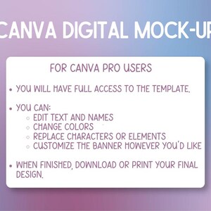 Pu&ograve; includere: Un mockup digitale per utenti Canva Pro. L'immagine presenta testo su un rettangolo bianco su uno sfondo sfumato viola e blu. Il testo spiega come modificare il testo, cambiare i colori e personalizzare il banner.