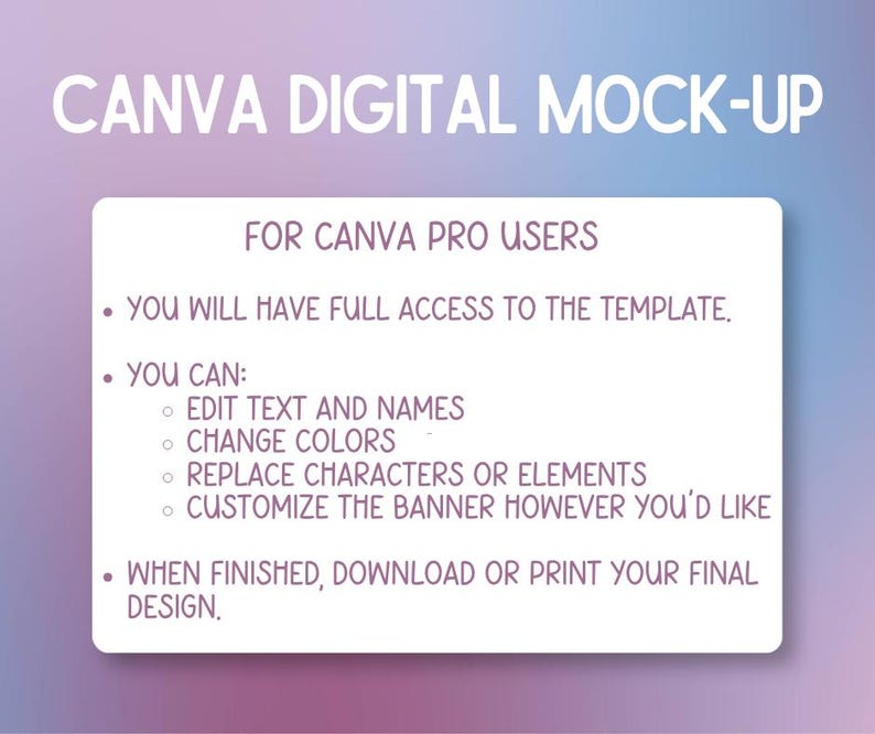 Pu&ograve; includere: Un mockup digitale per utenti Canva Pro. L'immagine presenta testo su un rettangolo bianco su uno sfondo sfumato viola e blu. Il testo spiega come modificare il testo, cambiare i colori e personalizzare il banner.