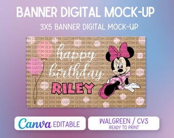 Pink Minnie-inspired Painted Banner Template | Editable Canva Birthday Banner | Ready to print at CVS/Walgreens| Digital Download