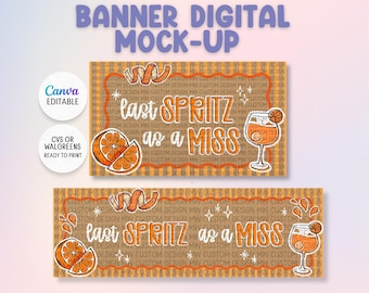 May include: A digital banner mock-up featuring the text "last SPRITZ as a MISS" in orange and white. The design includes illustrations of orange slices, a citrus peel, and a cocktail glass on a striped orange background with star accents.