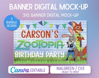 Zootopia-inspirerad födelsedagsbakgrundsmall, redigerbar Animal City-festbanderoll, redo att skrivas ut på CVS/Walgreens, utskrivbart Zootopia-tema