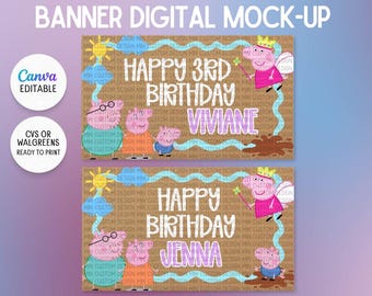 Pink Pig Fairy - Inspired Painted Banner Template | Canva Editable Birthday Banner | Print at Walgreens/CVS | Digital Download