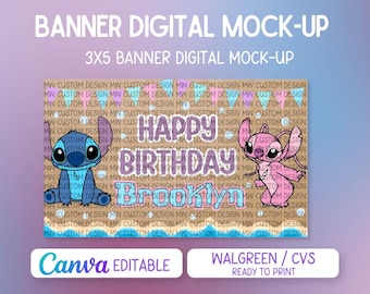 Stitch and Angel-inspirerad målad banderollmall | Redigerbar Canva-födelsedagsbanderoll | Blå Alien-festdekor | Digital nedladdning