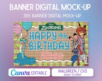 Zoo topia 2 inspired Birthday Backdrop Template, Editable Party Banner, Ready to print at CVS/Walgreens, Printable Zoo topia Theme