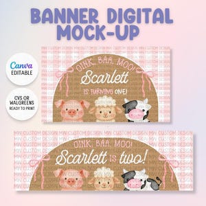 Puede incluir: Una maqueta de banner digital con dos diseños rectangulares sobre un fondo de cuadros vichy rosa. Cada diseño muestra un semicírculo marrón con ilustraciones de un cerdo, una oveja y una vaca, además del texto OINK, BAA, MOO!, Scarlett y edades.