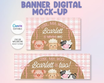 May include: A digital banner mock-up featuring a pink gingham background with a brown semi-circle containing illustrations of a pig, sheep, and cow. Text reads OINK, BAA, MOO!, Scarlett IS TURNING ONE!, and Scarlett is two! with pink bows.