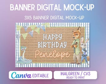 Zoo topia 2 Watercolor Style Birthday Backdrop Template | Canva Editable Template | Ready to print at CVS/Walgreens | Printable Zoo Theme