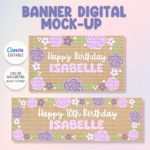 May include: A digital banner mock-up featuring two rectangular designs with a tan background, purple floral illustrations, and white text. The top banner reads Happy Birthday ISABELLE, and the bottom banner reads Happy 18th Birthday ISABELLE.