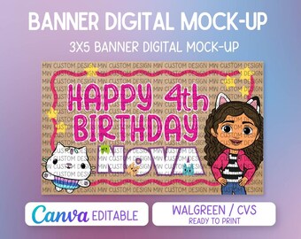 Mall för Gabby Dollhouse-födelsedagsbakgrund | Handmålad banderollmall | Redigerbar födelsedagsdekor i Canva | Skriv ut på Walgreens / CVS