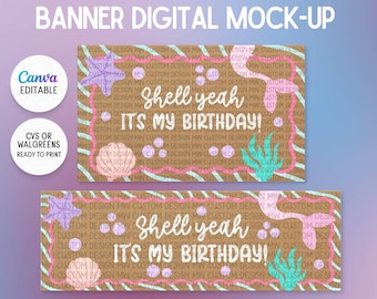 Under the Sea Birthday Banner Template | Cute Mermaid Birthday Backdrop | Canva Editable | Ready to print at CVS/Walgreens
