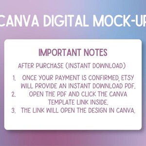 Pu&ograve; includere: Un mockup digitale con il testo "CANVA DIGITAL MOCK-UP" in alto. Un rettangolo bianco contiene il testo "IMPORTANT NOTES" e le istruzioni per scaricare un modello dopo l'acquisto.
