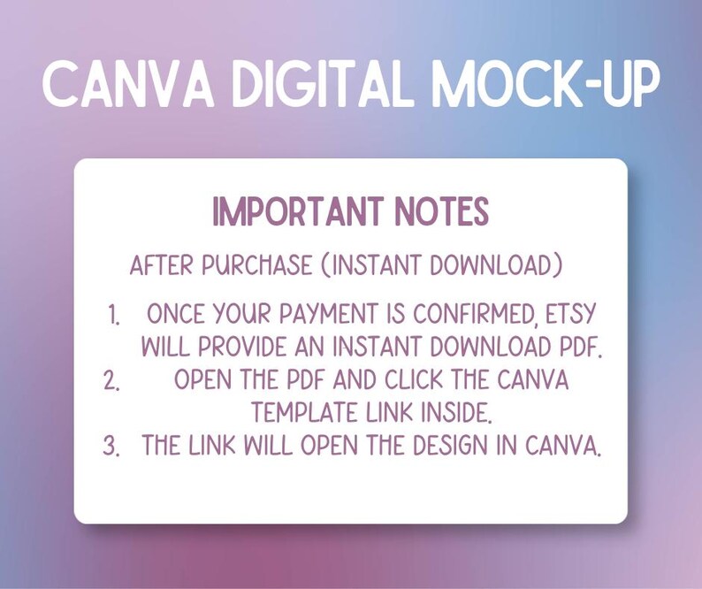 Pu&ograve; includere: Un mockup digitale con il testo "CANVA DIGITAL MOCK-UP" in alto. Un rettangolo bianco contiene il testo "IMPORTANT NOTES" e le istruzioni per scaricare un modello dopo l'acquisto.
